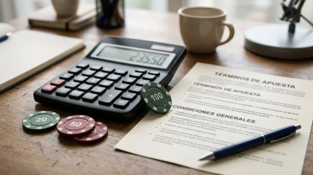 Calculadora, fichas numéricas y una tabla de condiciones de apuesta sobre una mesa.