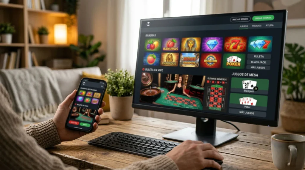 Pantalla con una selección de tragaperras, ruleta en vivo y juegos de mesa en un dispositivo.