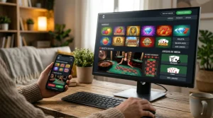Pantalla con una selección de tragaperras, ruleta en vivo y juegos de mesa en un dispositivo.