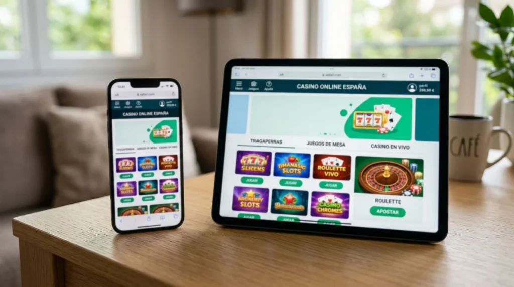 Teléfono móvil y tableta con juegos de casino abiertos en el navegador.