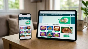 Teléfono móvil y tableta con juegos de casino abiertos en el navegador.